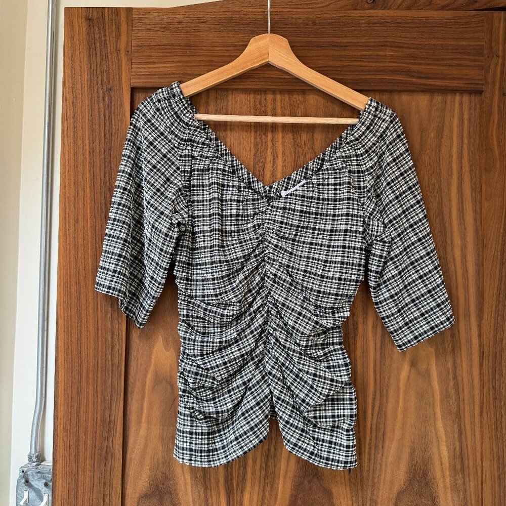 Ganni Stretch Seersucker Ruched V Neck Size 38